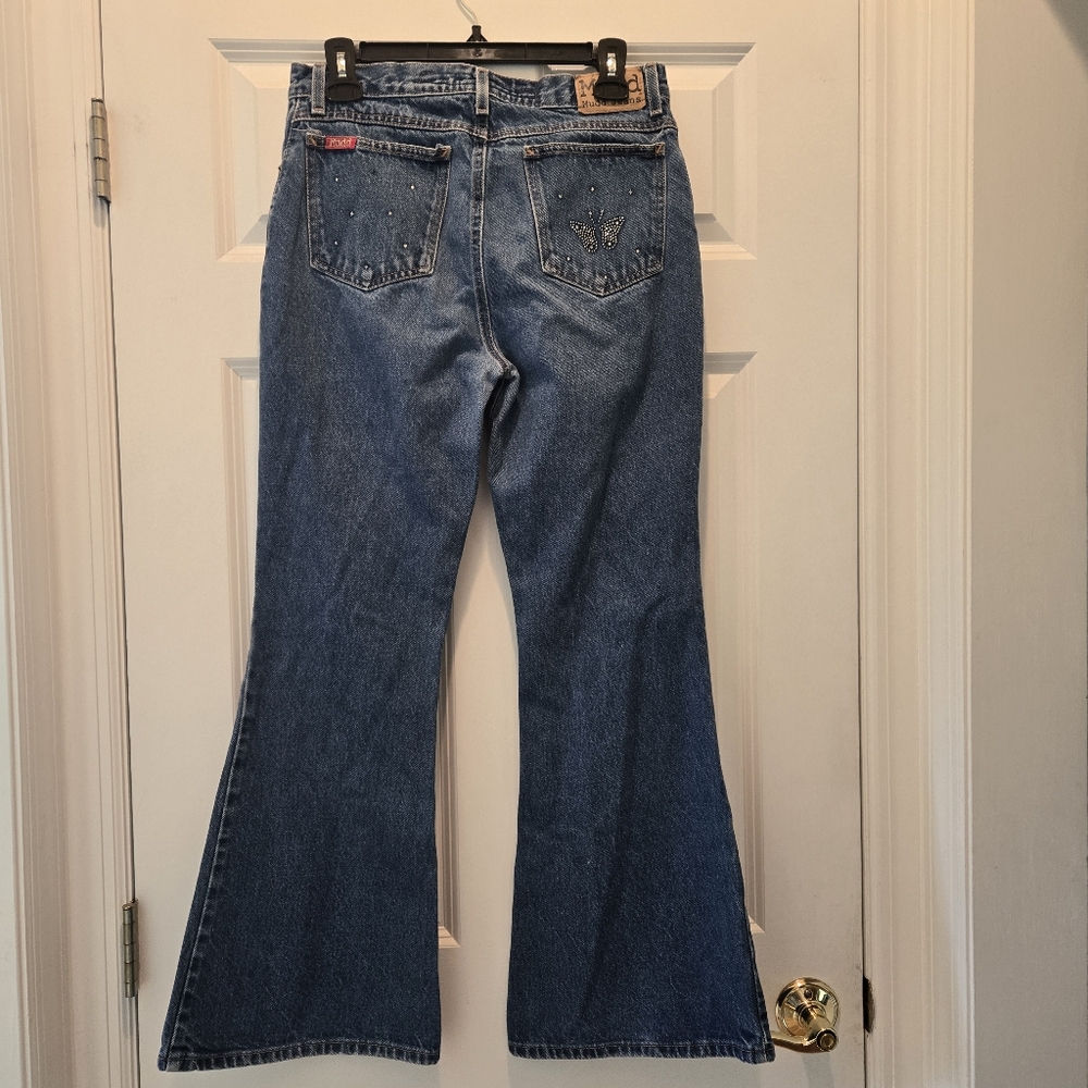 Vintage Y2K Mudd Jeans 28 Butterfly Medium Blue Wash Flared Mid Rise Rhinestone